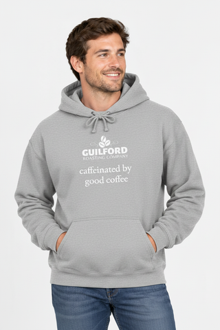 Male model wearing the Sport Grey Caffeinated by Good Coffee Hoodie