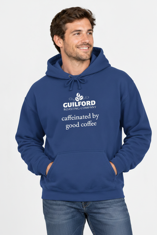 Male model wearing the Royal Caffeinated by Good Coffee Hoodie