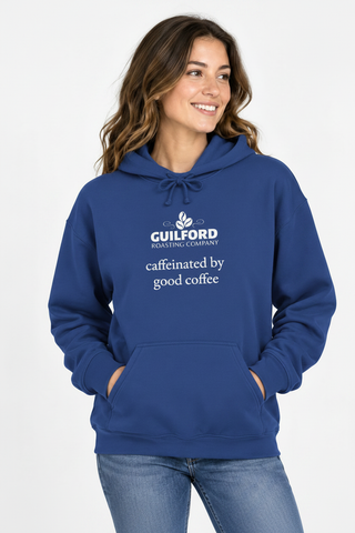 Female model wearing the Royal Caffeinated by Good Coffee Hoodie
